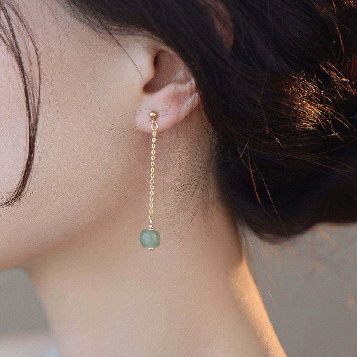 天然和田玉简约通勤温婉气质14K包金耳环无耳洞耳夹古风汉服旗袍