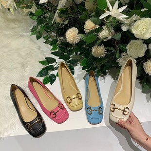 InkingPot彭姐 马衔扣真皮单鞋 女春夏新品 方头包头平跟浅口凉鞋