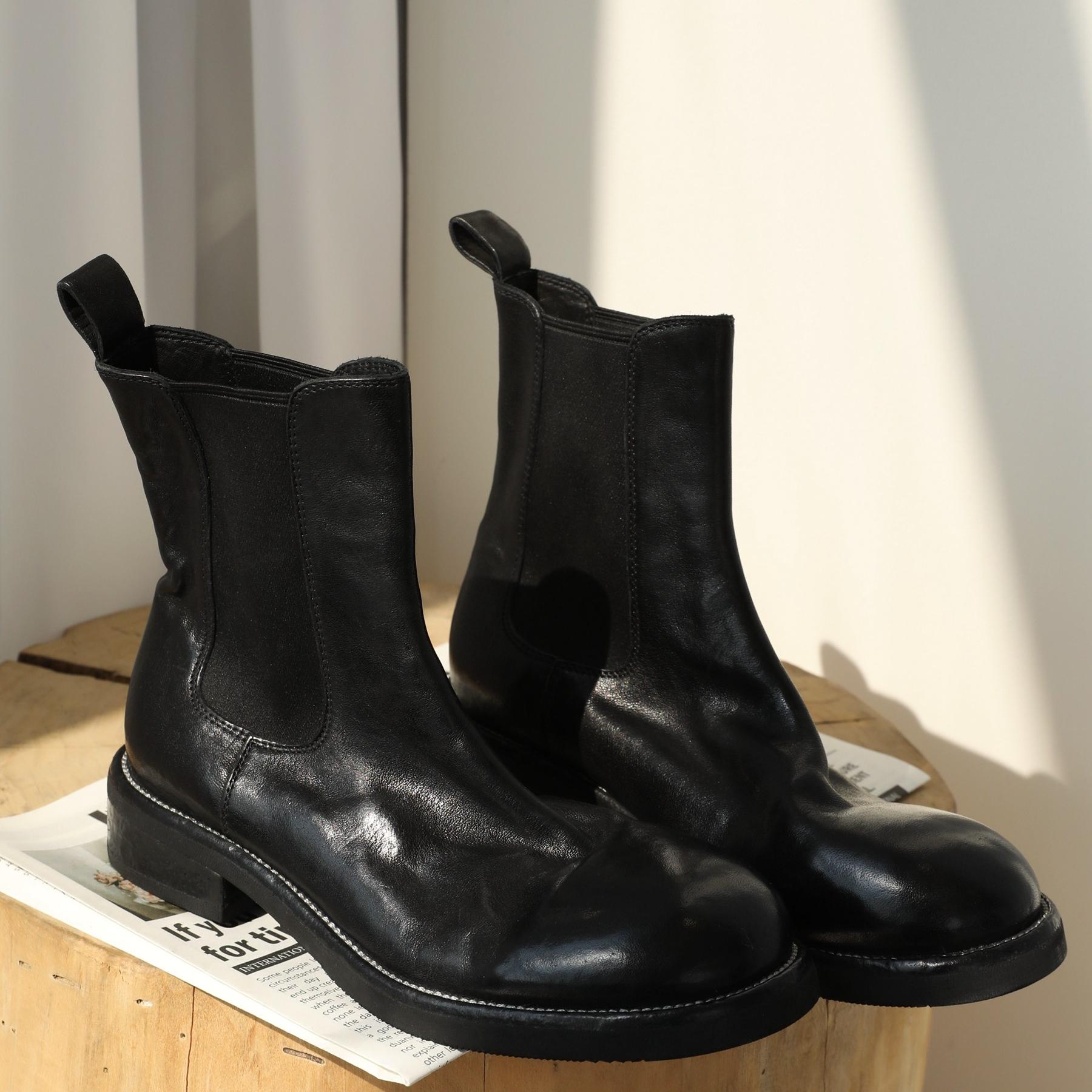 InkingPot彭姐 水洗里外全马皮一脚蹬圆头低跟瘦瘦靴切尔西短靴女