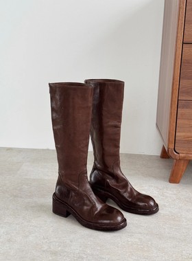InkingPot彭姐 高端水洗马皮中筒骑士靴女圆头后拉链粗跟高筒长靴