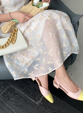 Inking Pot小香风包头凉鞋女夏季粉红色回忆新款女甜美平底单鞋