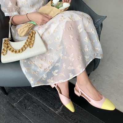 法式复古拼接单鞋平跟撞色包头鞋