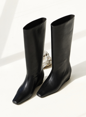 InkingPot彭姐 极简方头小牛皮内增高显瘦长靴女不过膝高筒骑士靴