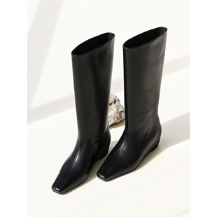 InkingPot彭姐 极简方头小牛皮内增高显瘦长靴女不过膝高筒骑士靴