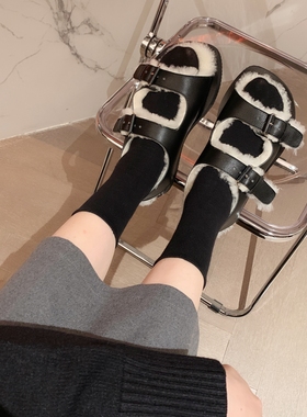 InkingPot彭姐 秋冬新款一字扣带皮毛一体保暖外穿平底毛毛凉鞋女