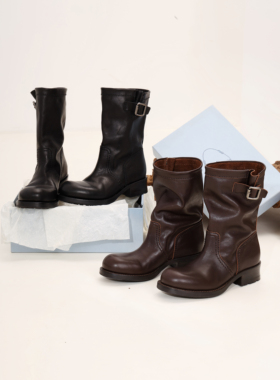 InkingPot彭姐 复古巴恩风马丁短靴女粗跟圆头植鞣牛皮中筒堆堆靴