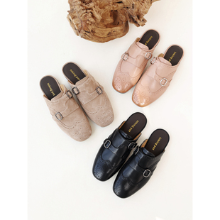 InkingPot彭姐 女外穿懒人穆勒鞋 真皮单鞋 复古布洛克雕花包头拖鞋
