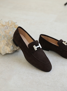 Inking Pot彭姐 复古绒面平跟真皮单鞋乐福鞋圆头英伦风通勤女鞋