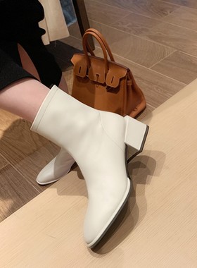 InkingPot彭姐 内嵌粗跟真皮短靴复古方头chic英伦风马丁靴女冬季