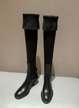 InkingPot彭姐 显瘦针织袜子靴高跟平跟真皮拼接弹力长筒过膝靴女