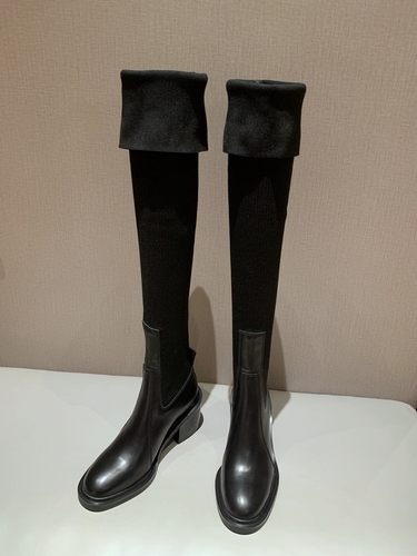 弹力针织袜子靴圆头高跟