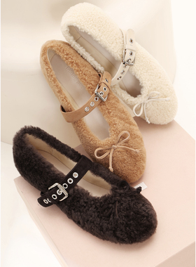 InkingPot彭姐 羊皮毛一体一字带玛丽珍鞋女保暖毛毛鞋芭蕾舞鞋