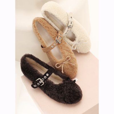 彭姐羊皮毛一体一字带玛丽珍鞋女