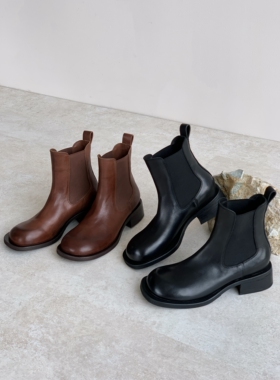 InkingPot彭姐 水洗牛皮切尔西短靴烟筒英伦风厚底套筒马丁靴秋冬