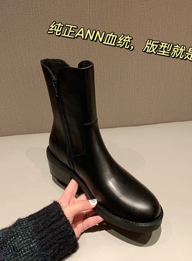 InkingPot彭姐 粗跟真皮包腿短靴女双拉链圆头ANN切尔西骑士踝靴
