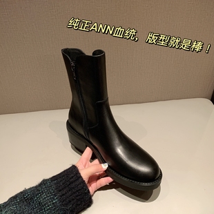 InkingPot彭姐 粗跟真皮包腿短靴女双拉链圆头ANN切尔西骑士踝靴