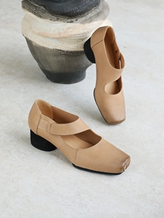 InkingPot彭姐 柔软玛丽珍方头粗跟单鞋 女秋季 新 复古牛皮芭蕾舞鞋