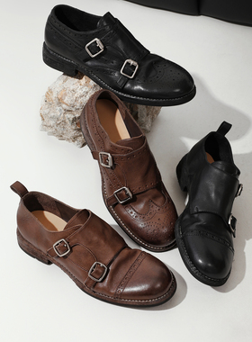 InkingPot彭姐 水洗马皮布洛克雕花小皮鞋女圆头一脚蹬柔软德比鞋