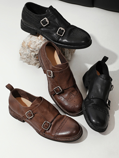 女圆头一脚蹬柔软德比鞋 水洗马皮布洛克雕花小皮鞋 InkingPot彭姐