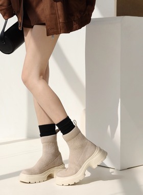 InkingPot彭姐 百搭弹力靴羊毛短筒针织袜靴女黑色厚底加绒瘦瘦靴