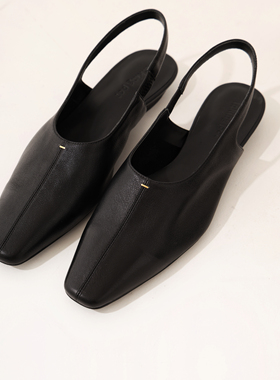 InkingPot彭姐 超舒适简约小牛皮黑色方头单鞋女低跟穆勒鞋凉鞋