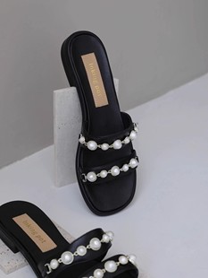 InkingPot彭姐VTG小香风珍珠精致拖鞋 外穿一字带平跟舒适中跟半拖