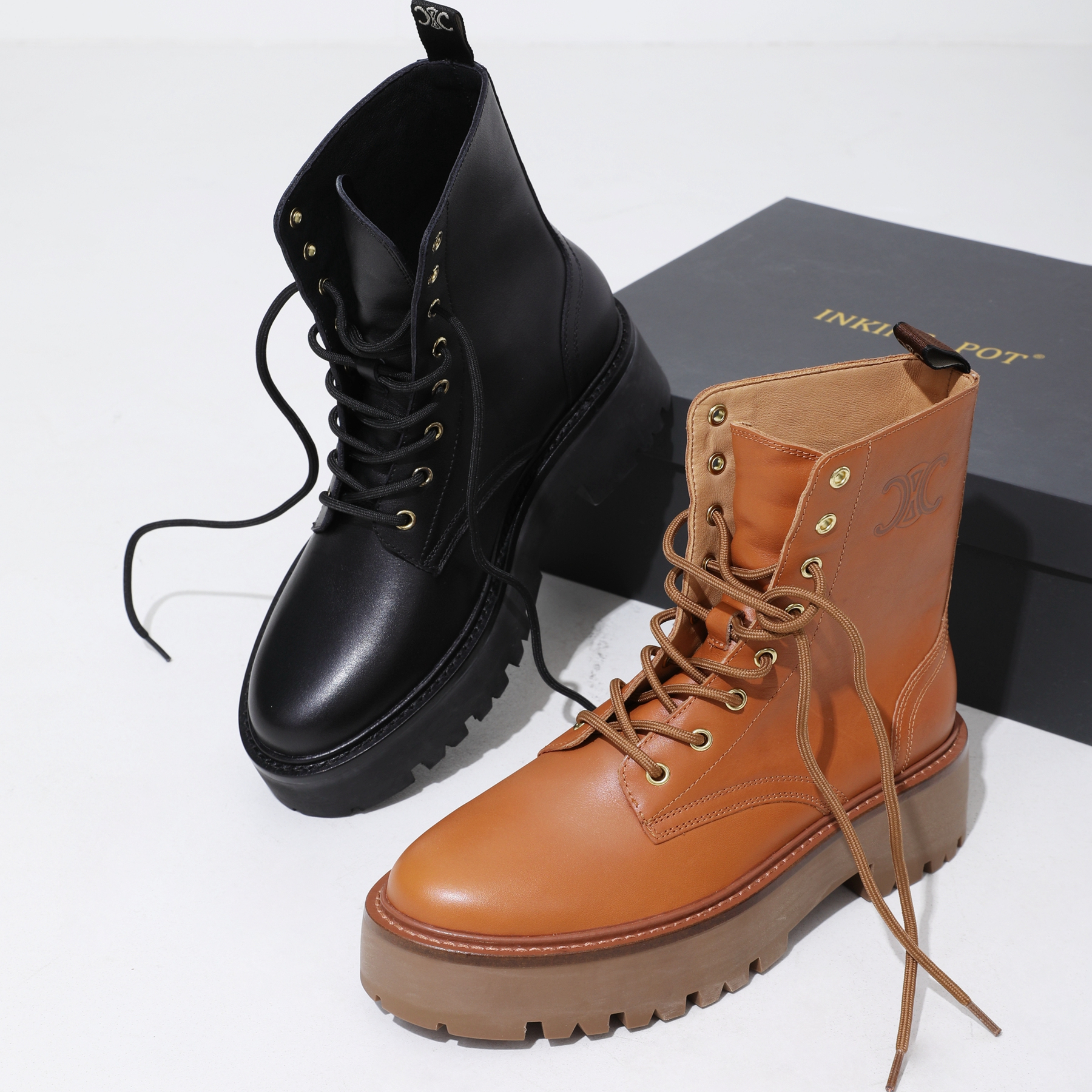 InkingPot彭姐 秋季新品厚底增高机车马丁靴真皮系带短靴骑士靴女