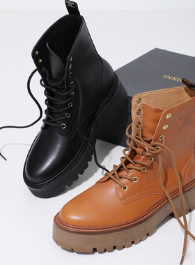 InkingPot彭姐 秋季新品厚底增高机车马丁靴真皮系带短靴骑士靴女