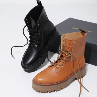 InkingPot彭姐 秋季新品厚底增高机车马丁靴真皮系带短靴骑士靴女