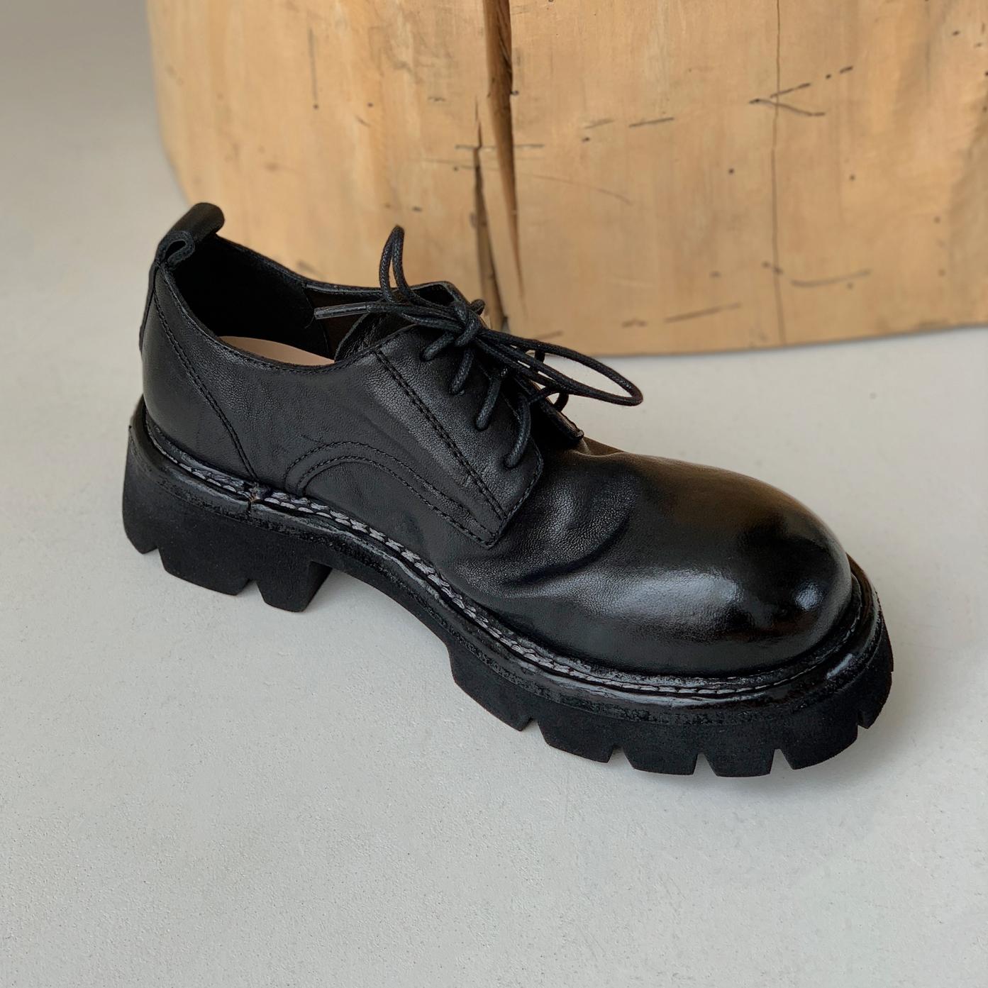 InkingPot彭姐 高端水洗马皮厚底系带乐福鞋女轻便软糯小皮鞋秋季