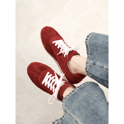 彭姐复古真皮平底德训鞋女