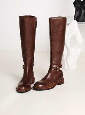 InkingPot彭姐 复古水洗马皮高筒骑士靴女粗跟圆头侧拉链及膝长靴