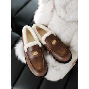 冬季 InkingPot彭姐 英伦风金币擦色羊毛乐福鞋 女小皮鞋 保暖单鞋