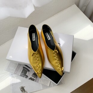 InkingPot彭姐 女套脚纯色显瘦低跟可踩后跟 小众尖头编织金色单鞋