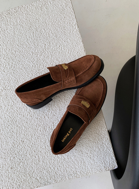 InkingPot彭姐 英伦风复古绒面小金币装饰扣乐福鞋女圆头平底皮鞋