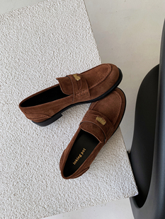 InkingPot彭姐 饰扣乐福鞋 女圆头平底皮鞋 英伦风复古绒面小金币装