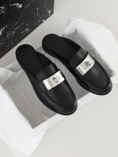 InkingPot彭姐 女平底穆勒鞋 一脚蹬乐福鞋 真皮DG金属扣包头拖鞋