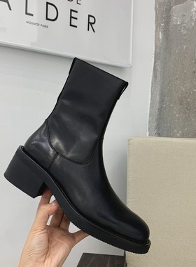 Inking Pot 现货升级版ANN经典包腿中跟粗跟圆头真皮短靴踝靴裸靴