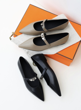 InkingPot彭姐 经典法式DG锁扣牛皮尖头鞋低跟浅口单鞋女秋季新款