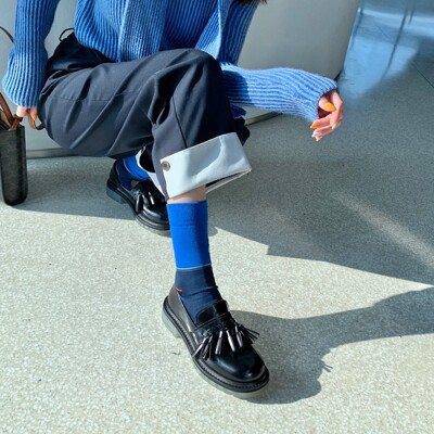 InkingPot 透明底流苏小皮鞋女英伦风系带中跟平底真皮大头小单鞋