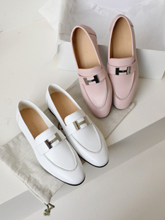 乐福懒人鞋 Inking Pot彭姐新款 低跟圆头真皮单鞋 女 清新粉平跟皮鞋