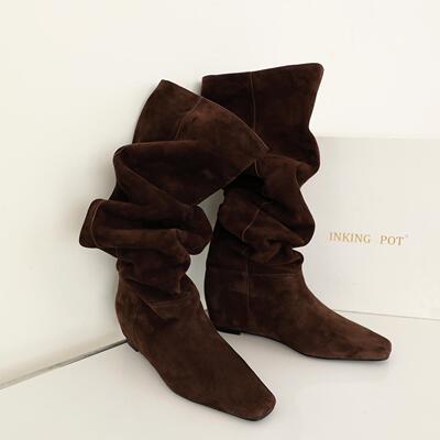 彭姐方头内增高真皮长筒堆堆靴