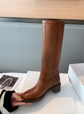 InkingPot彭姐 棕色复古牛皮高筒靴2025年骑士靴粗跟尖头直筒靴女