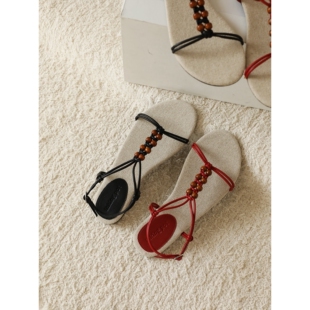 InkingPot彭姐 复古串珠罗马凉鞋 女外穿度假平底露趾编织女鞋 法式