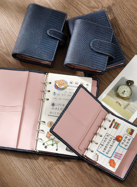 新品现货蜥蜴纹拼粉头层牛皮A6/A7/A8/M5小环便携真皮活页手账本