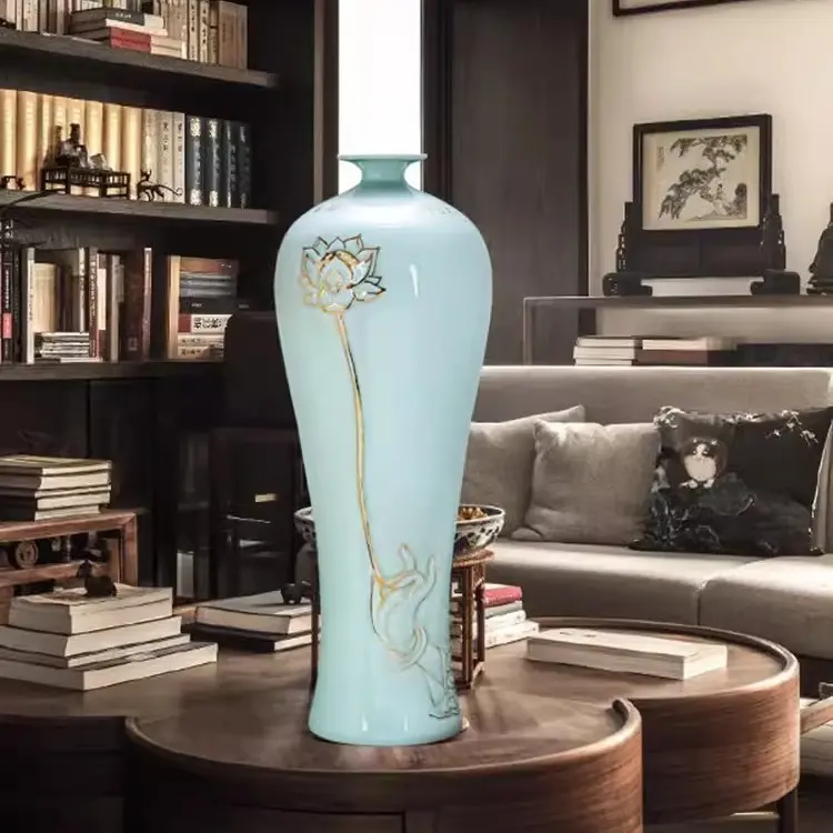 景德镇青釉瓷器手绘莲花迷你摆件