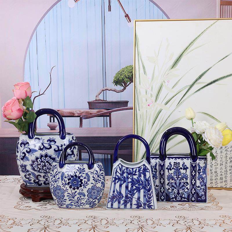 青花陶瓷手提包家居软装饰品