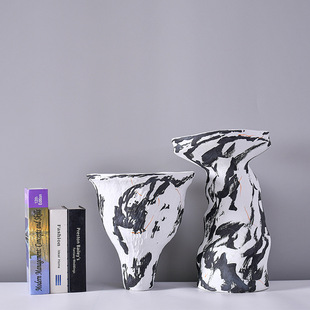 国画写意风创意大口陶瓷花器新中式美式简约样板间会所装饰花瓶