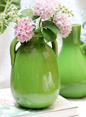 寻舍复古冰裂纹陶瓷花瓶插花高级感翡翠绿花器摆件一件