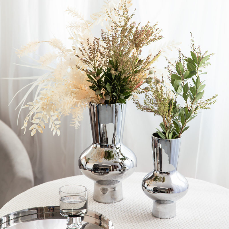 现代简约餐桌电镀银色玻璃花瓶摆件客厅轻奢插花高级感装饰品,家居饰品,花瓶,淘宝优惠券,粉丝福利购,淘宝优惠卷